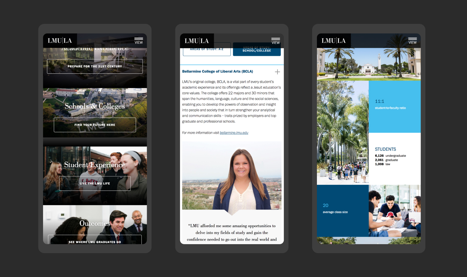 Three mobile displays of Loyola Marymount University viewbook webpages